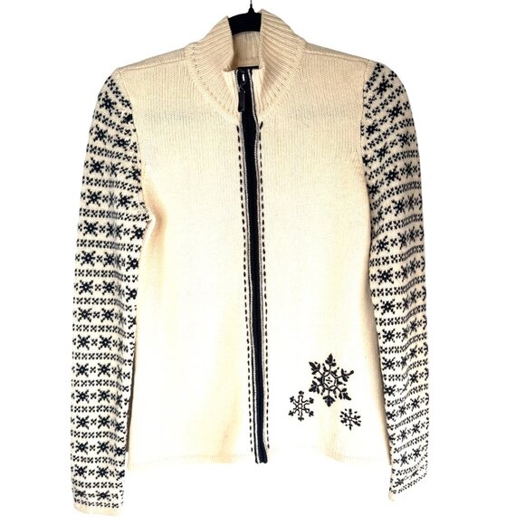 Skyr Womens Small Beige & Black Snowflake Lambs Wool Full-Zip Sweater - Picture 8 of 12